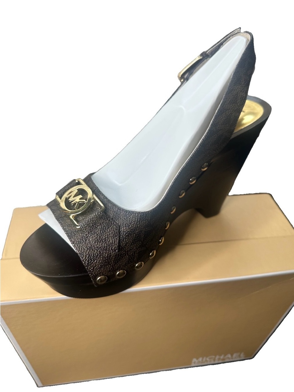 Michael Kors Brown Logo Studded Platform Wedge Sandals Size 9
